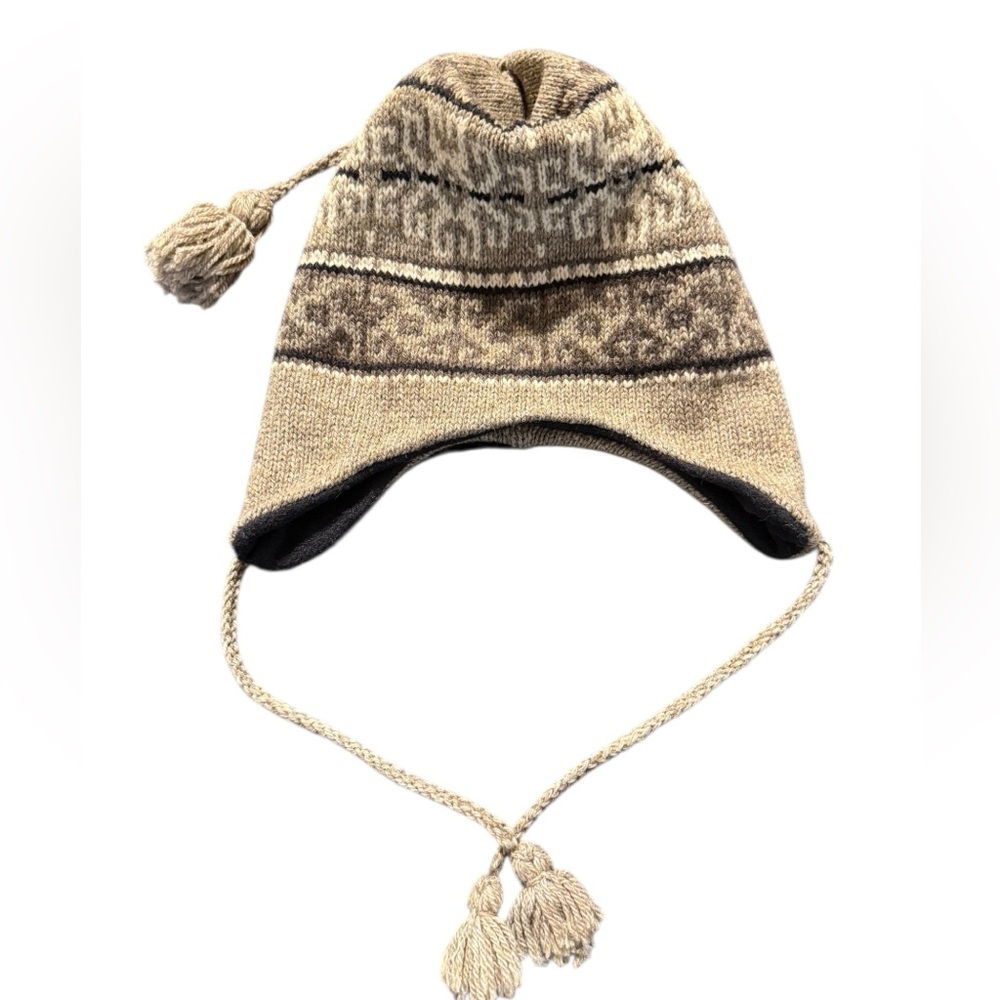 EMS Peruvian Unisex Style Polartec Wool Earflap Tassel Tie Beanie Hat EUC